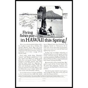1924 Hawaii Vacation Travel Vintage Print Ad Beach Longboard Surfing Wall Art